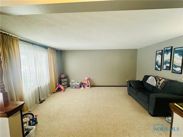 recreation room with light carpet and a textured ceiling