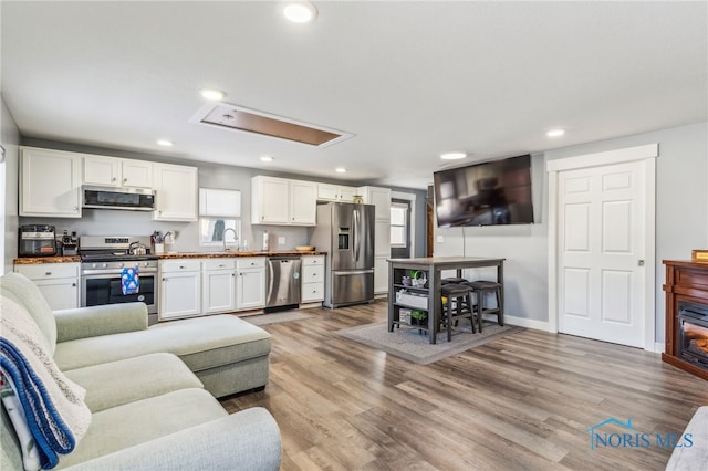 living room featuring light wood-type flooring and sink