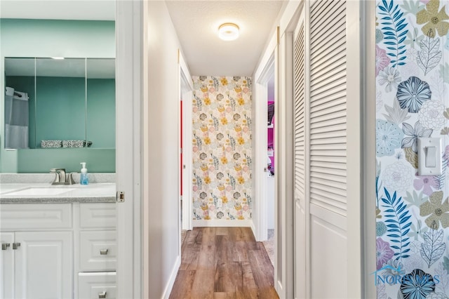 bathroom featuring vanity, a textured ceiling, and hardwood / wood-style flooring