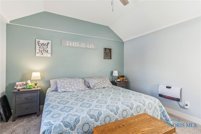 bedroom featuring light carpet, ceiling fan, and lofted ceiling