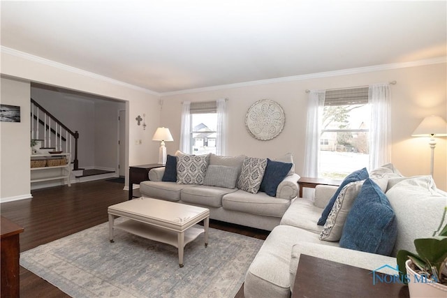 living room featuring ornamental molding and dark hardwood / wood-style floors