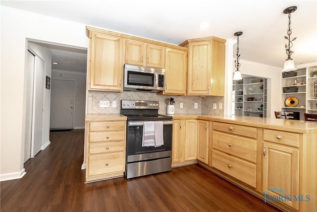 kitchen featuring light brown cabinetry, appliances with stainless steel finishes, dark hardwood / wood-style flooring, and pendant lighting