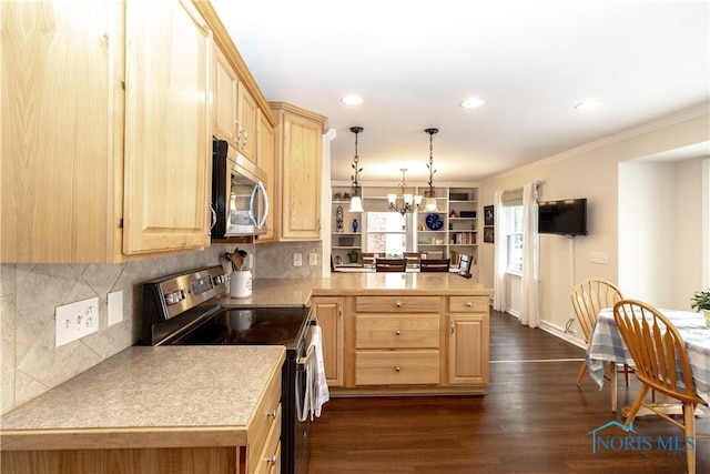 kitchen with pendant lighting, stainless steel appliances, an inviting chandelier, dark hardwood / wood-style floors, and kitchen peninsula