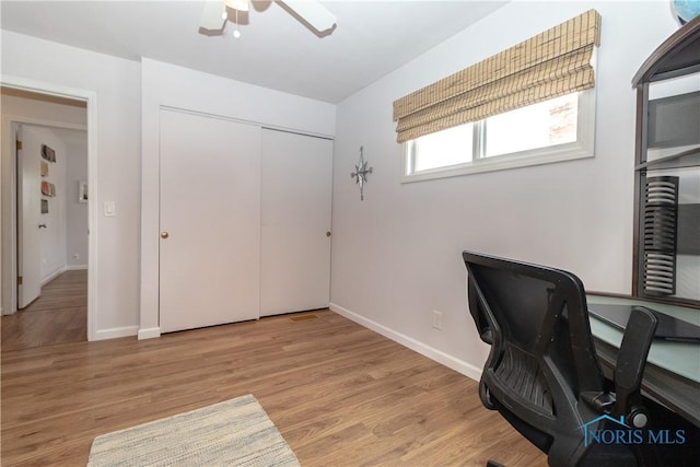 office area featuring ceiling fan and light hardwood / wood-style floors