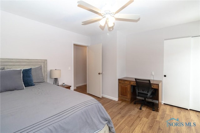 bedroom featuring ceiling fan and light hardwood / wood-style floors