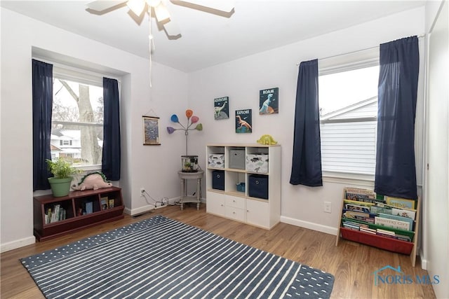 rec room featuring ceiling fan and wood-type flooring