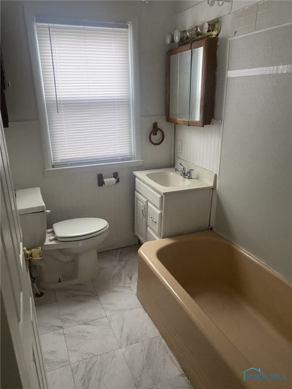 bathroom with toilet, vanity, and a washtub