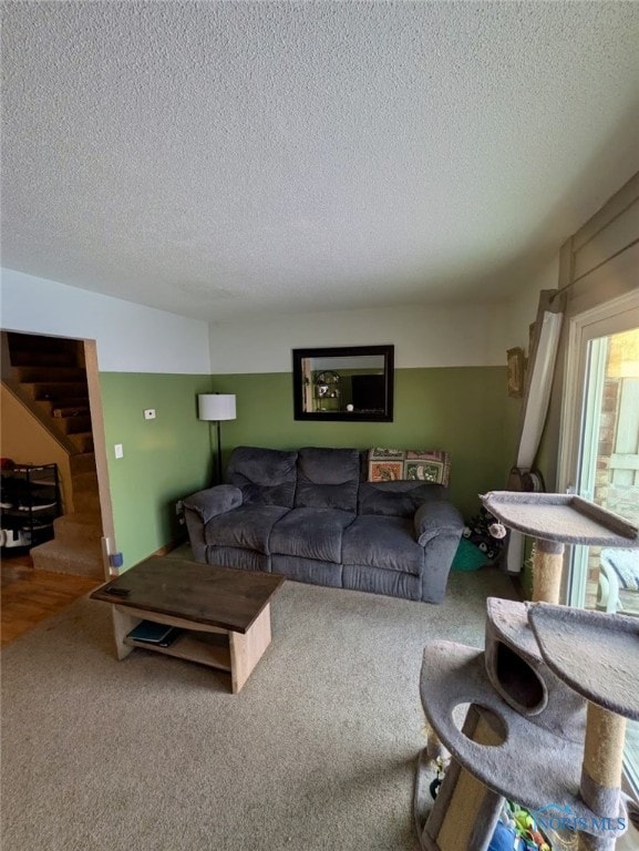 carpeted living room with a textured ceiling