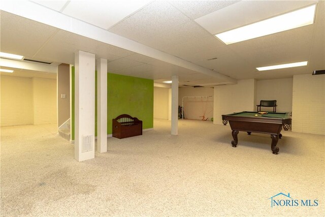 playroom with a drop ceiling, pool table, and carpet