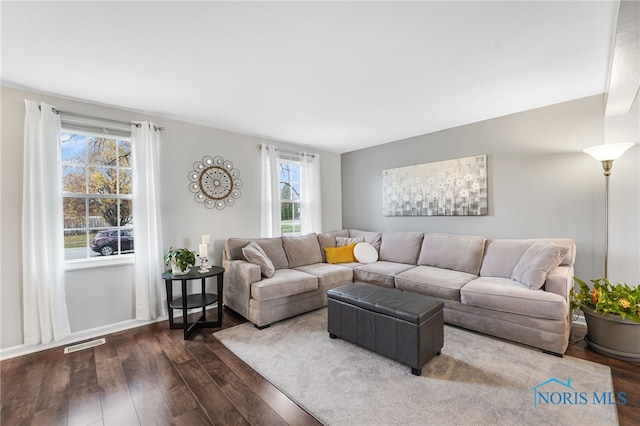 living room featuring dark wood-type flooring