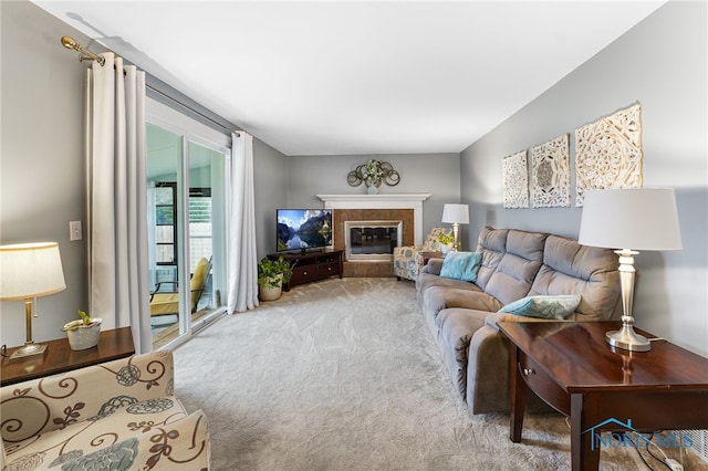 living room featuring light carpet