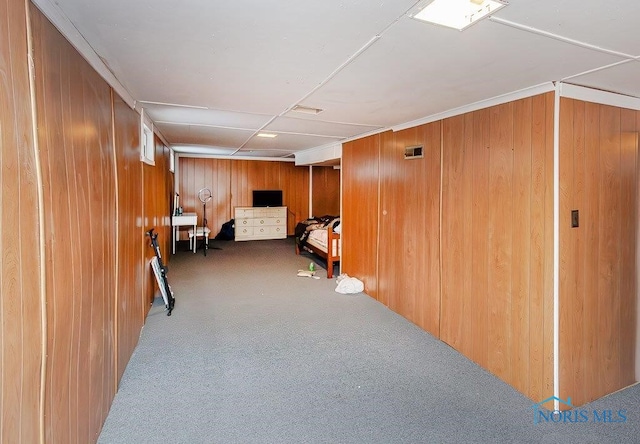 interior space with wooden walls and carpet flooring