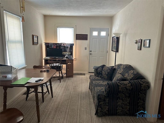 carpeted living room featuring a textured ceiling