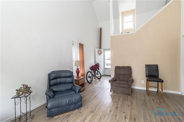 sitting room featuring a high ceiling and light wood-type flooring