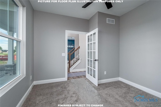 unfurnished room featuring ceiling fan, carpet flooring, a healthy amount of sunlight, and french doors