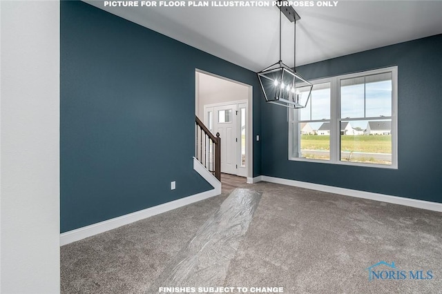 unfurnished dining area with carpet floors and an inviting chandelier