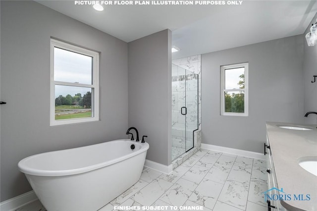 bathroom with separate shower and tub, vanity, and plenty of natural light