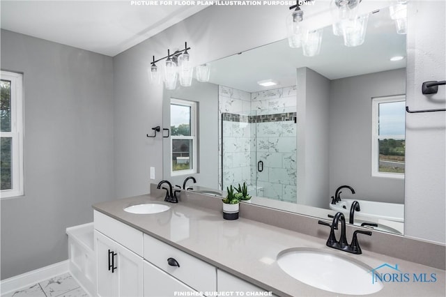 bathroom featuring vanity and separate shower and tub