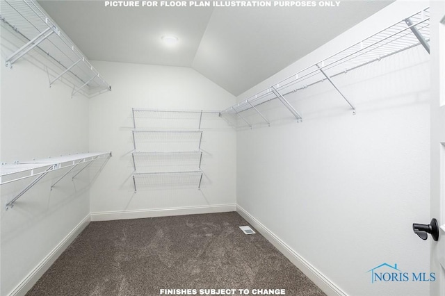 walk in closet featuring vaulted ceiling and dark colored carpet