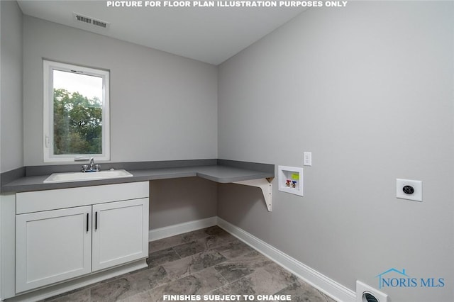 clothes washing area featuring washer hookup, cabinets, hookup for an electric dryer, and sink