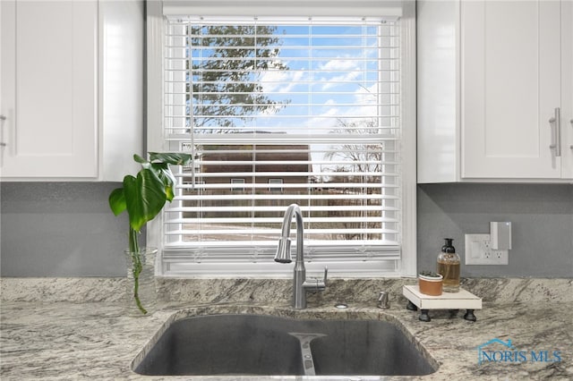 details with light stone countertops, sink, and white cabinetry