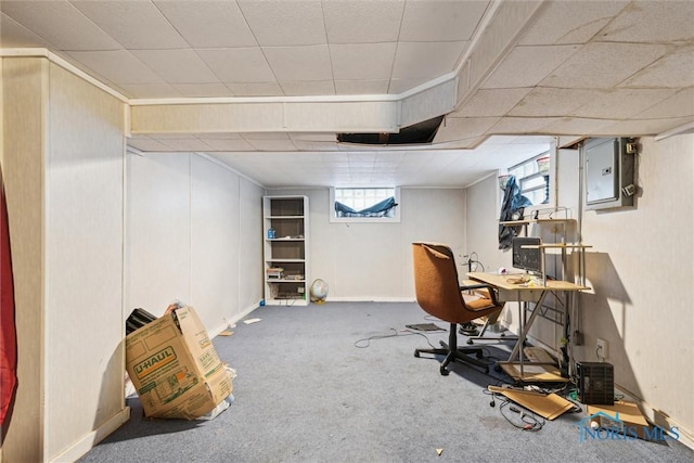 office area featuring carpet floors, a healthy amount of sunlight, and electric panel