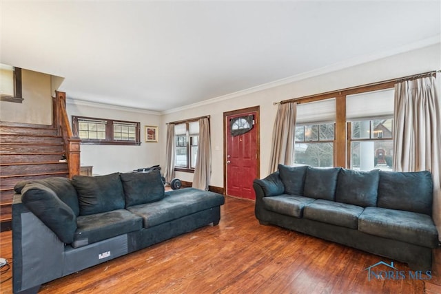 living room with crown molding, a healthy amount of sunlight, and wood-type flooring