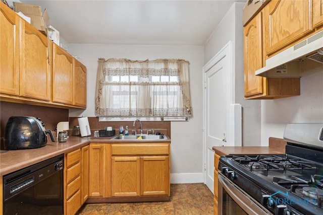 kitchen with sink, black dishwasher, and stainless steel range with gas stovetop