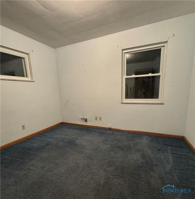 empty room with carpet floors and a textured ceiling