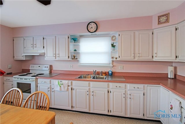 1318 E 4th St, Marblehead, OH 43440 - kitchen with open shelves, a sink, electric stove, white cabinetry, and under cabinet range hood