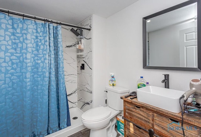 bathroom with vanity, a shower with curtain, wood-type flooring, and toilet