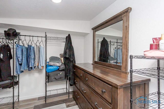 walk in closet with wood-type flooring and vaulted ceiling