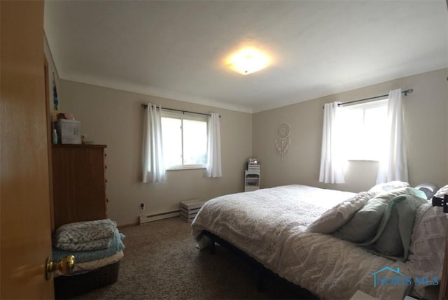 bedroom featuring baseboard heating, carpet flooring, and multiple windows