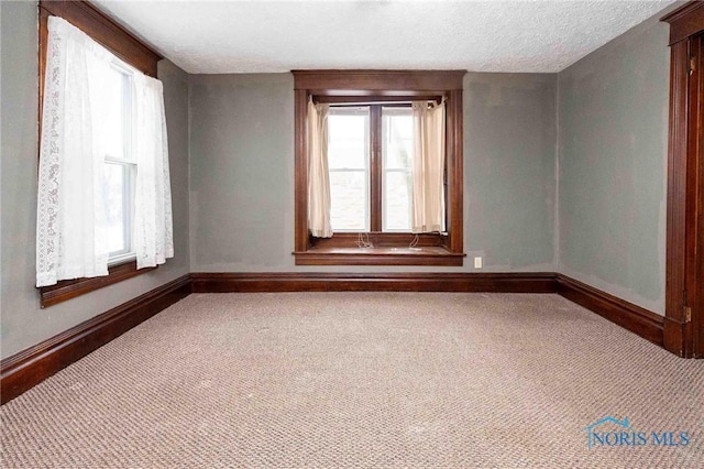 carpeted empty room featuring a textured ceiling and a wealth of natural light