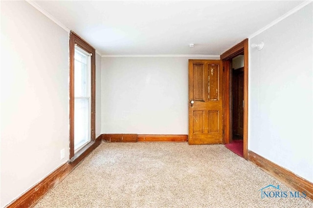 carpeted empty room featuring crown molding