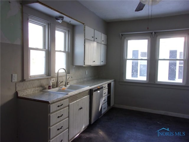 kitchen with dishwasher, white cabinetry, sink, backsplash, and ceiling fan