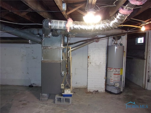 basement with heating unit and gas water heater