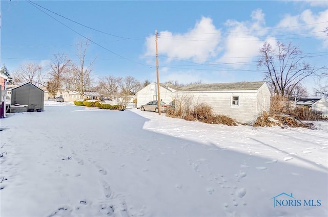 yard covered in snow with a shed