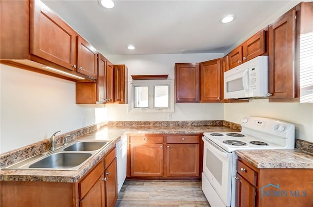 kitchen featuring sink, white appliances, light wood-type flooring, and a healthy amount of sunlight