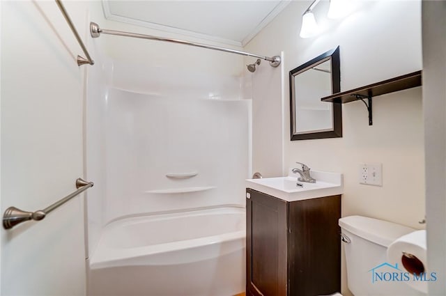 full bathroom with toilet, vanity, bathtub / shower combination, and crown molding