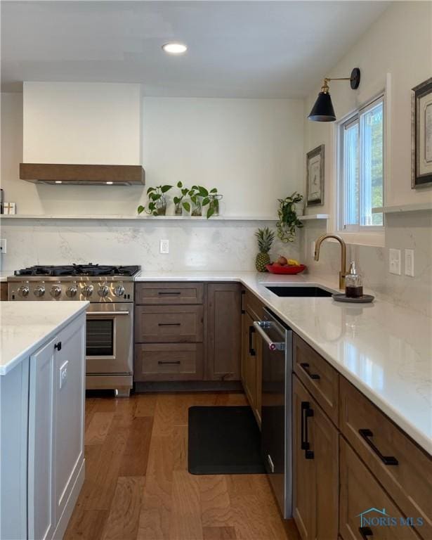 kitchen with premium range hood, sink, backsplash, dark hardwood / wood-style flooring, and stainless steel appliances