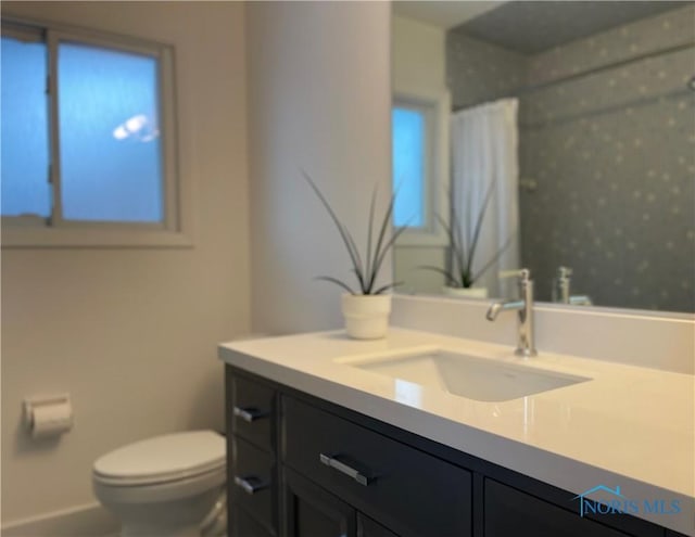 bathroom featuring vanity, a shower with curtain, and toilet