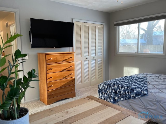 bedroom with carpet flooring and a closet