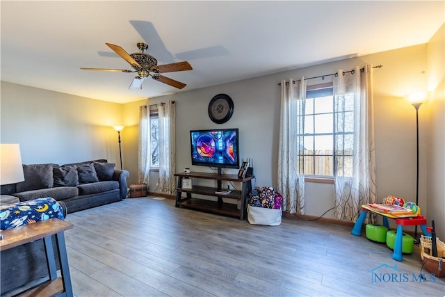 living room featuring ceiling fan and hardwood / wood-style floors