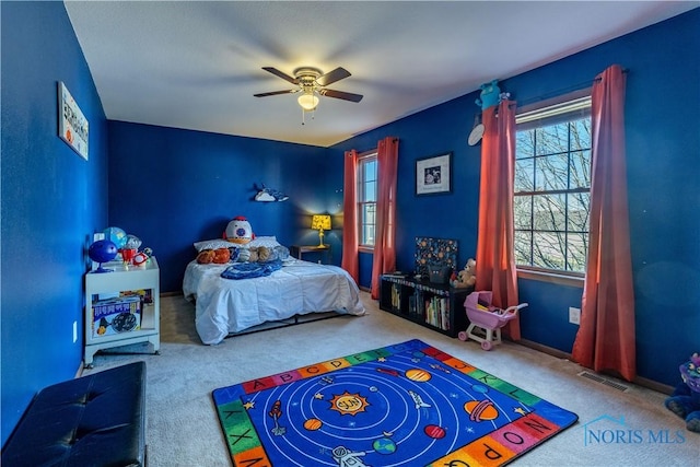 bedroom with carpet flooring and ceiling fan