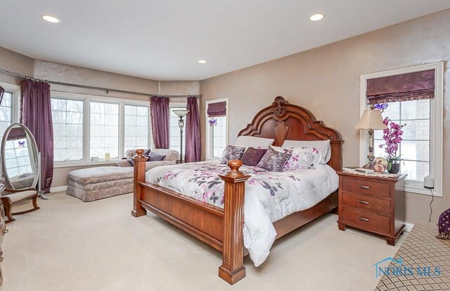 bedroom with light carpet