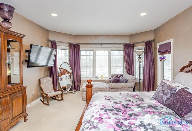 bedroom featuring light carpet