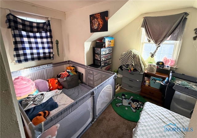 carpeted bedroom featuring lofted ceiling