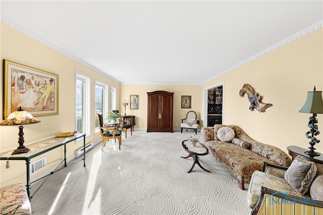 living room with crown molding and light carpet