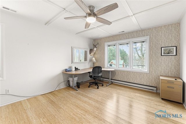 office area with baseboard heating, coffered ceiling, light wood-type flooring, and ceiling fan